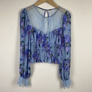 Free People Light Blue Floral Lace Smocked Long Sleeve Blouse